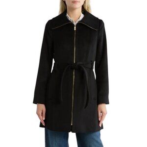 Michael Kors Womens Black Full Zip Belted Wool Blend Mid Legnth Coat Sz M New